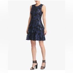 Like New DKNY Gorgeous Blue Stained Glass Floral Design Over Black Dress